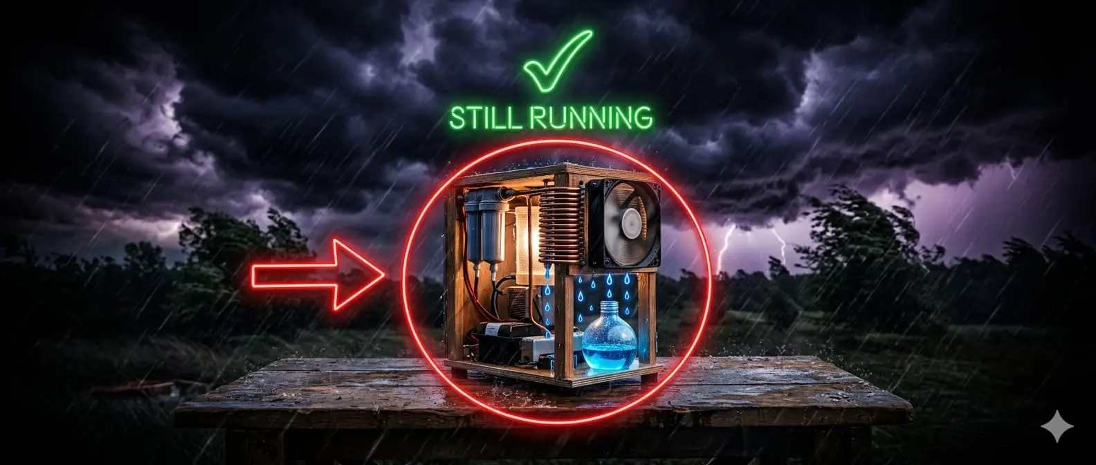 DIY water generator with green checkmark still running during hurricane storm on dark dramatic background