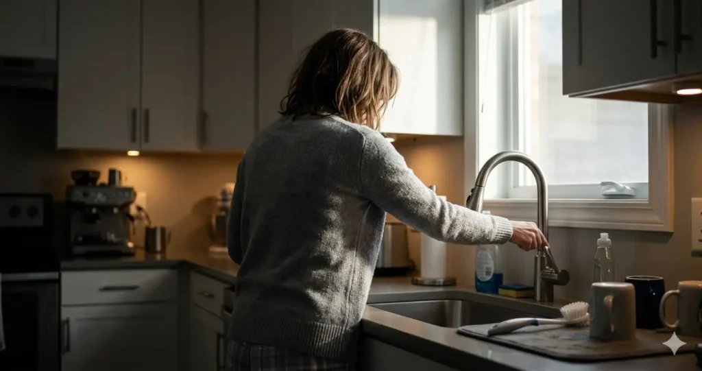 Woman standing alone at kitchen sink in morning with empty tap and worried expression