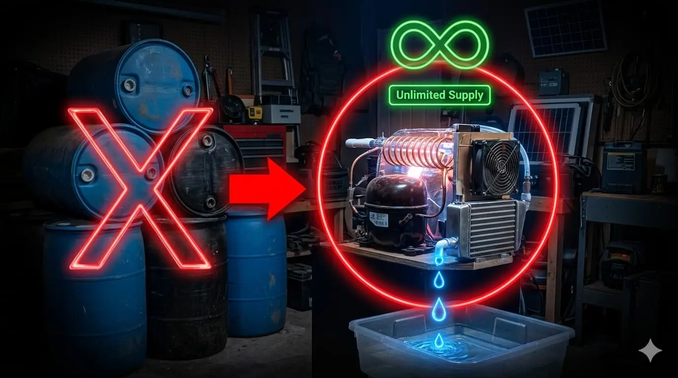 Empty prepper water barrels with red X next to DIY water generator with unlimited supply badge on dark background