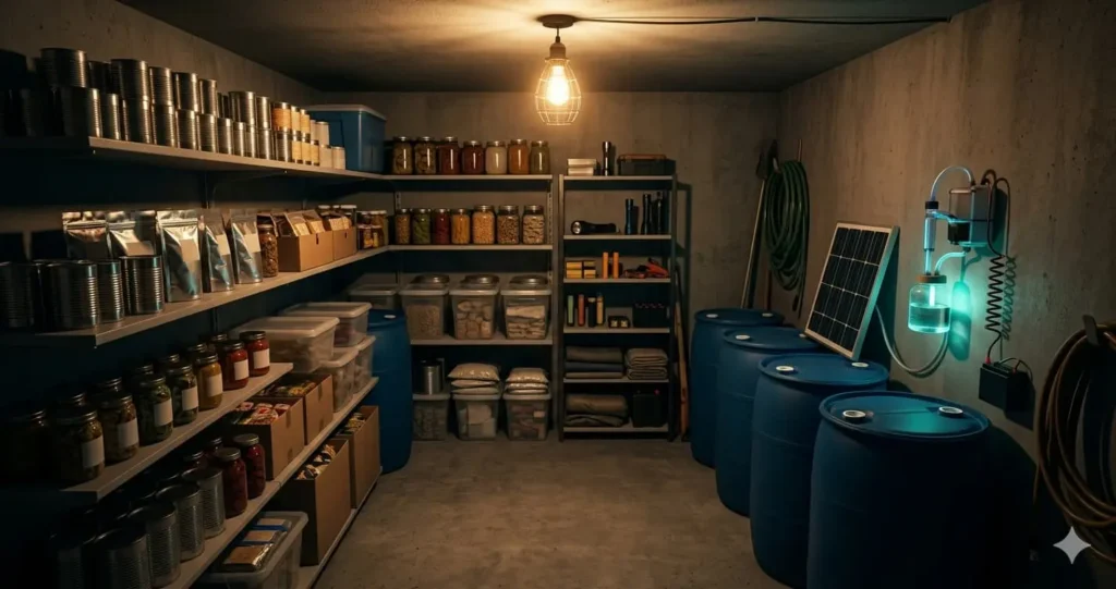 Prepper survival supply room with empty water barrels and glowing DIY water device in corner under dramatic light