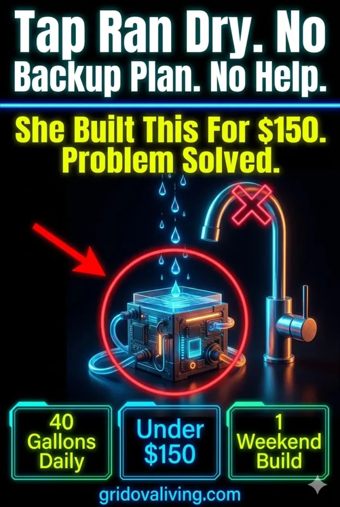 Dark neon Pinterest pin showing empty tap with red X and DIY water generator with three benefit stat cards