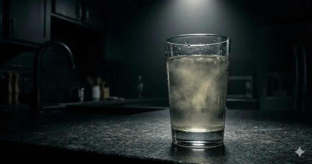 Close up of glass of tap water on kitchen counter with subtle murky appearance under dramatic spotlight