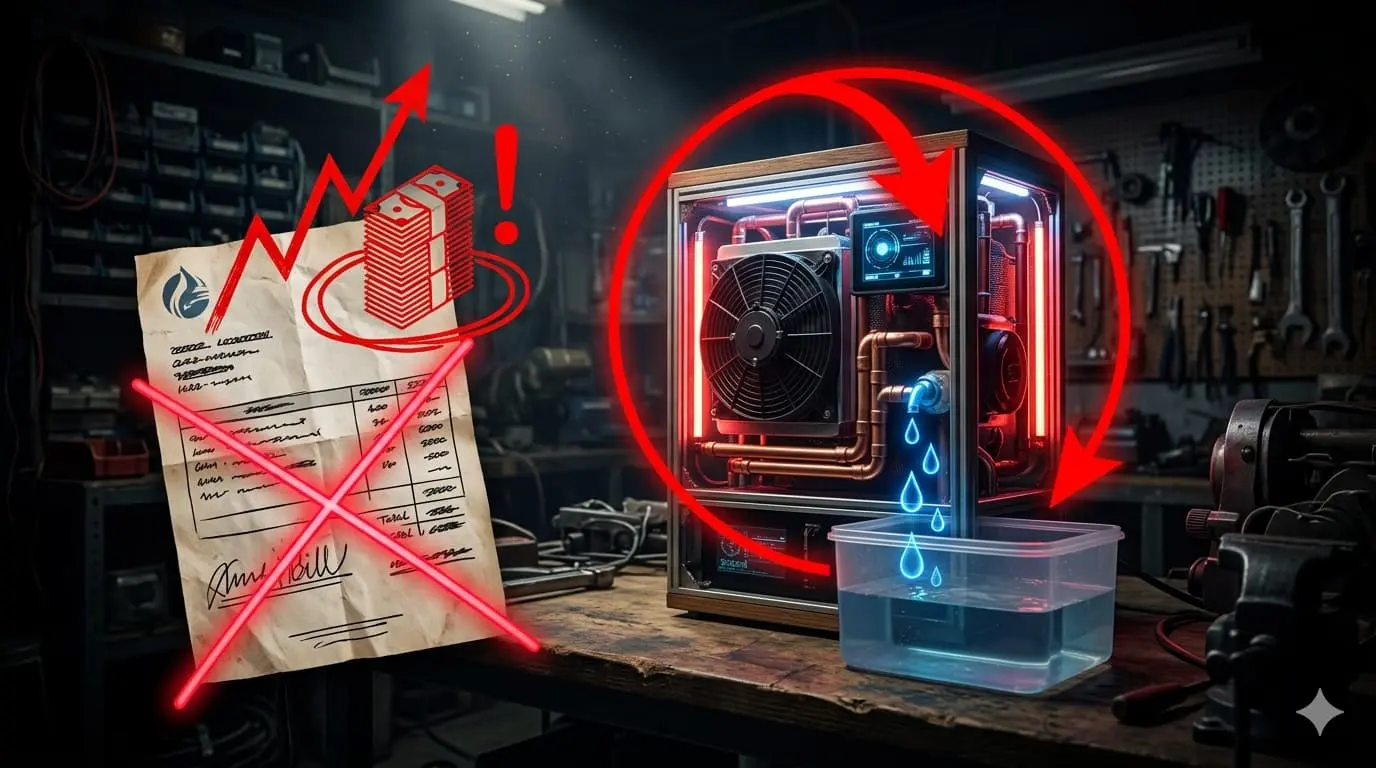 Dark neon Pinterest pin showing water bill with red X pointing to DIY water generator with zero bill stat cards