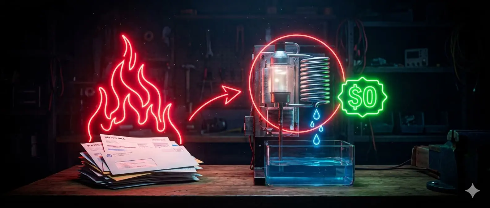 Stack of water bills with red flames next to glowing DIY water generator with $0 badge on dark background