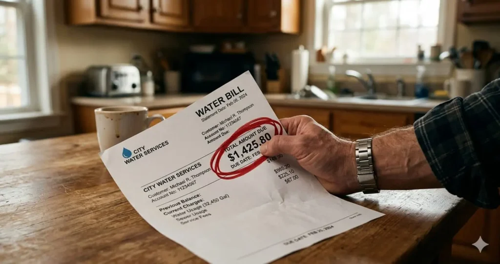 Close up of high water bill on kitchen table with red circle highlighting total amount
