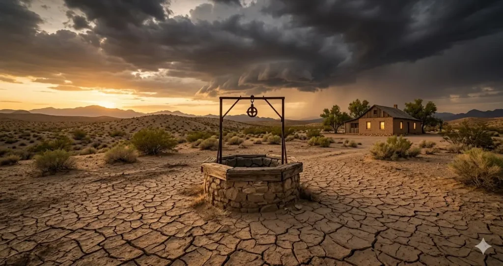 Dry cracked well in desert landscape with lone farmhouse and storm clouds at golden hour
